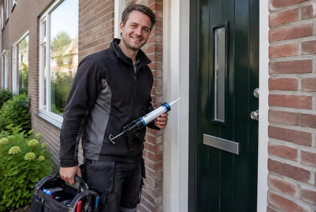 Vakman van Kitbedrijf Enkhuizen bij de voordeur van een woning